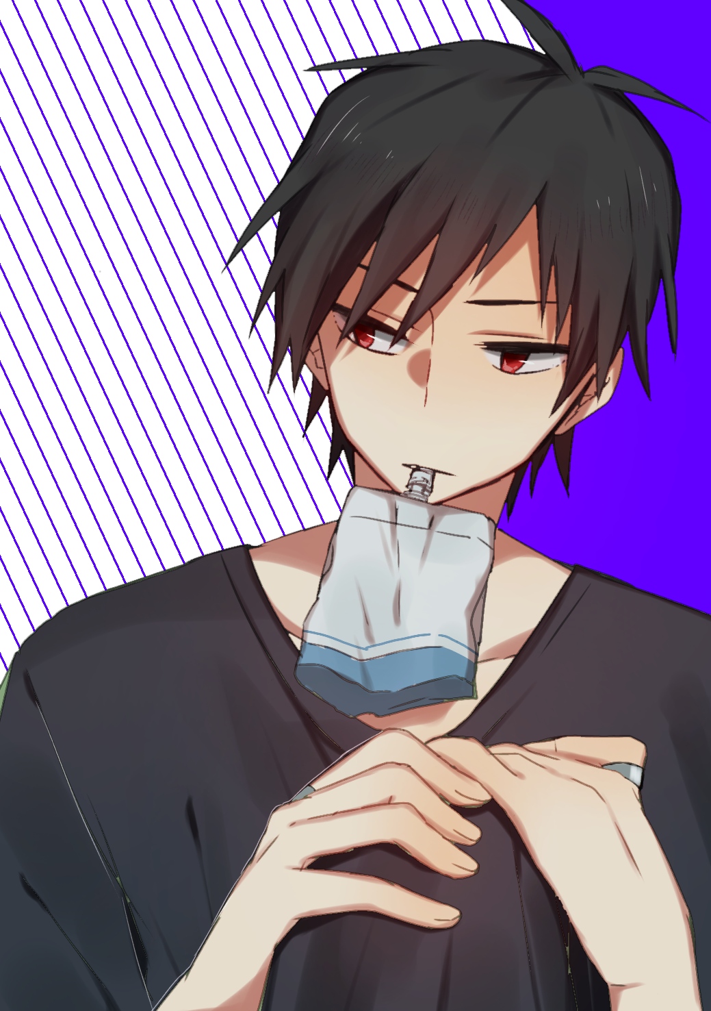 0819_chii 1boy black_hair black_shirt carton commentary_request durarara!! hands_on_own_knee highres jewelry knee_up looking_to_the_side male_focus orihara_izaya partial_commentary red_eyes ring shirt short_hair simple_background solo upper_body v-neck