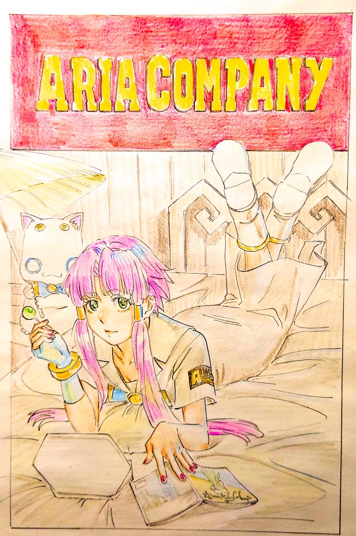 1girl aria_(manga) aria_company_uniform aria_pokoteng bed_sheet blue_bow blue_bowtie blue_gloves book bow bowtie candy cat collarbone computer crossed_legs cwind dress eyelashes feet_up food full_body gloves green_eyes hair_tubes holding holding_candy holding_food holding_lollipop indoors laptop lollipop looking_at_viewer lying movie_reference on_bed on_stomach parted_bangs pink_hair pulp_fiction short_hair_with_long_locks short_sleeves single_glove sketch the_pose umbrella white_cat white_dress
