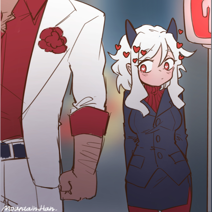 1boy 1girl black_horns black_suit blush breasts commentary demon_girl demon_horns demon_tail formal_clothes heart heart-shaped_pupils helltaker helltaker_(character) hetero horns long_sleeves medium_hair modeus_(helltaker) mountain_han pantyhose pedestrian_lights red_eyes red_sweater shirt sleeves_past_wrists solo_focus suit sweater symbol-shaped_pupils tail turtleneck white_hair