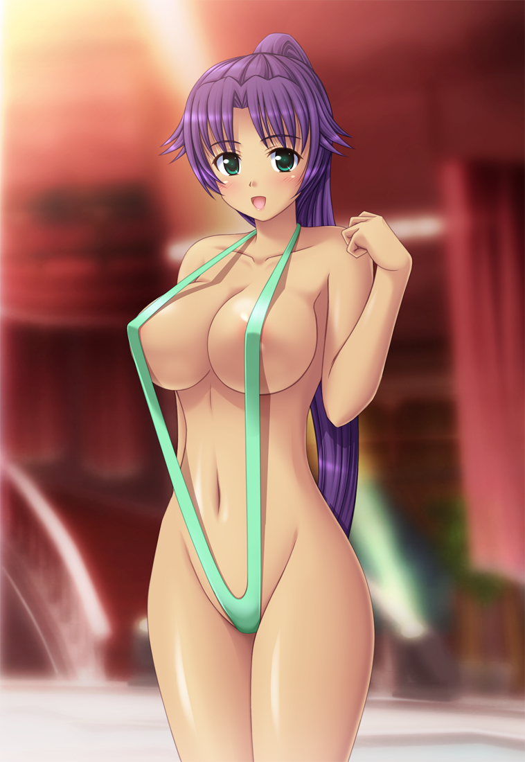 1girl asuka_(dream_c_club_zero) breasts dark-skinned_female dark_skin dream_c_club dream_c_club_(series) dream_c_club_zero green_eyes large_breasts long_hair nak_yama ponytail purple_hair slingshot_swimsuit swimsuit