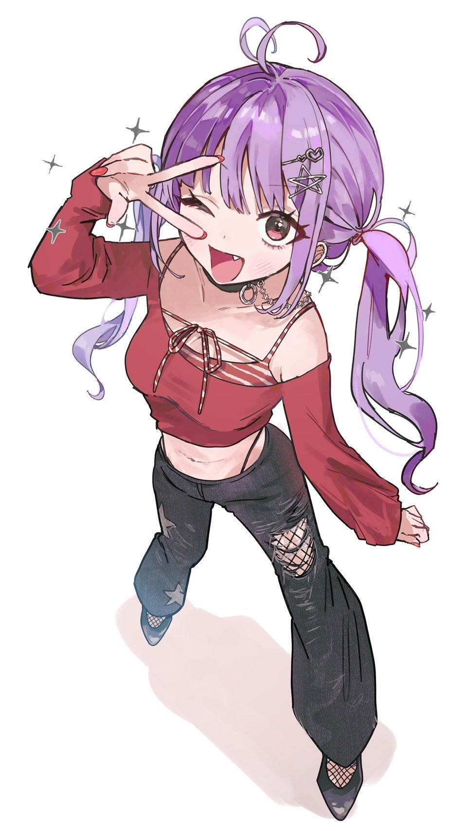 1girl ;d antenna_hair bell-bottoms black_choker black_pants black_shoes bra choker collarbone cropped_shirt fang fishnets from_above hair_ornament hairclip highres inu_totemo long_hair looking_at_viewer midriff nail_polish navel one_eye_closed open_mouth original pants panty_straps purple_hair red_eyes red_nails red_shirt shadow shirt shoes simple_background smile solo spaghetti_strap star_(symbol) star_hair_ornament striped_bra striped_clothes torn_clothes torn_pants twintails underwear w w_over_eye white_background