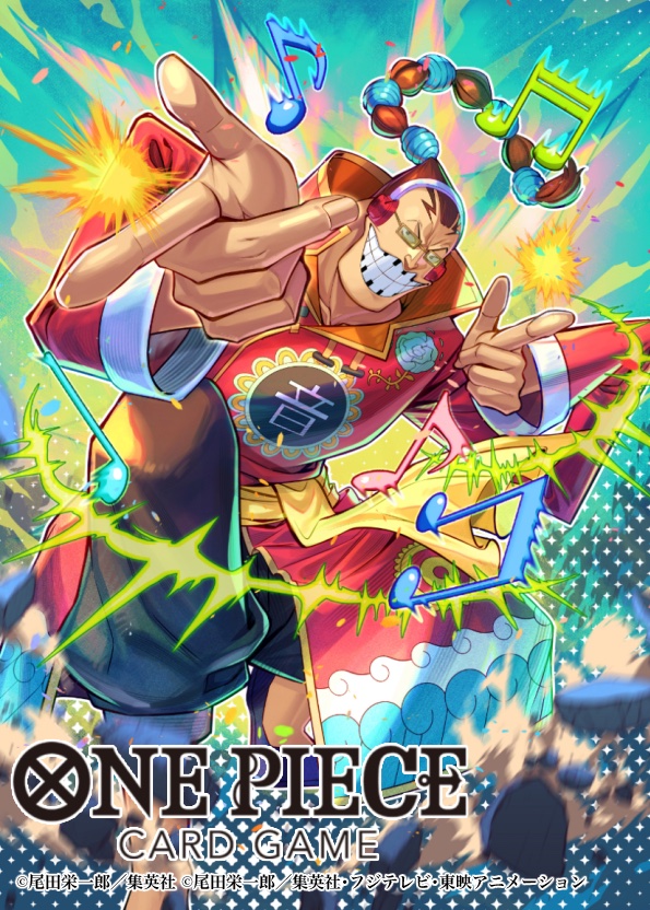 1boy bashikou black_pants clenched_teeth commentary_request copyright_name glasses headphones high_collar looking_at_viewer male_focus musical_note official_art one_piece one_piece_card_game pants pebble ponytail sash scratchmen_apoo smile solo teeth yellow_sash