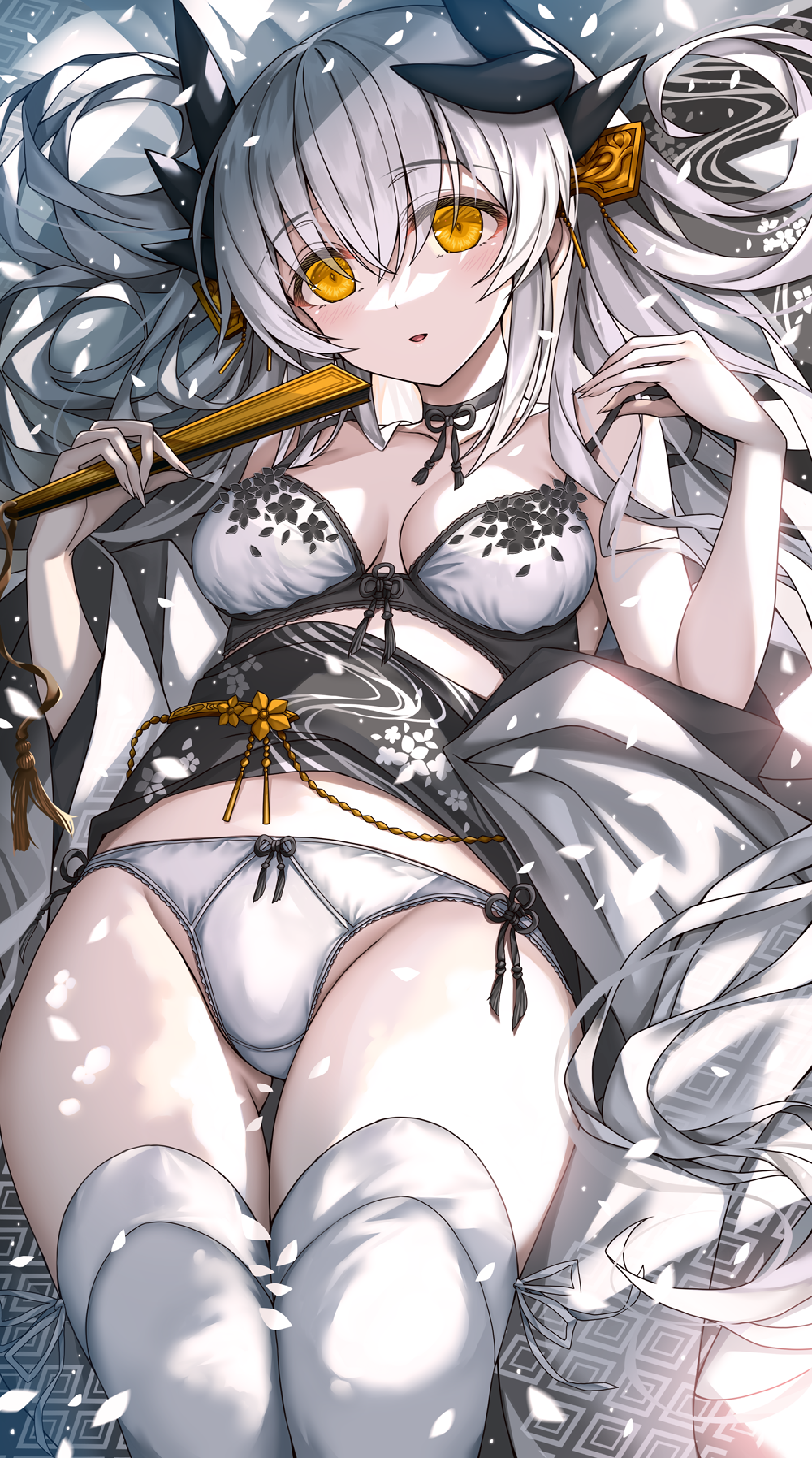 1girl bad_id bad_pixiv_id black_choker blush breasts choker cleavage dragon_girl dragon_horns fate/grand_order fate_(series) folding_fan hand_fan highres horns kiyohime_(fate) kiyohime_(third_ascension)_(fate) long_hair looking_at_viewer medium_breasts morizono_shiki panties parted_lips petals silver_hair smile solo thighhighs thighs underwear white_panties white_thighhighs yellow_eyes