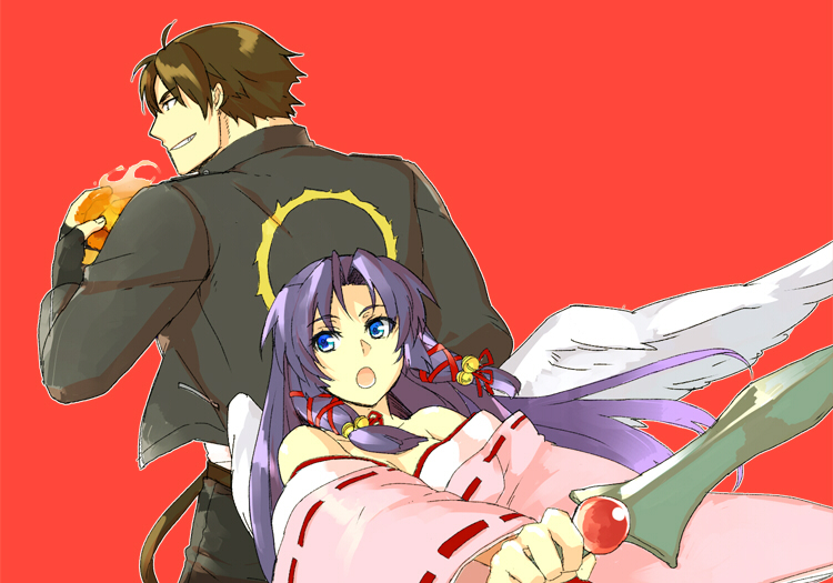 1boy 1girl air_(visual_novel) angel_wings back-to-back bell black_jacket blue_hair crossover emblem facing_away facing_viewer fingerless_gloves fire gem gloves green_sword hair_bell hair_ornament hair_ribbon height_difference holding holding_sword holding_weapon jacket japanese_clothes kannabi_no_mikoto kimono kusanagi_kyou leather leather_jacket long_hair long_sleeves looking_to_the_side m.u.g.e.n noichi_(nknkknkmsmn-mugenpix) pyrokinesis red_background red_gemstone ribbon short_hair sword the_king_of_fighters trait_connection weapon wings