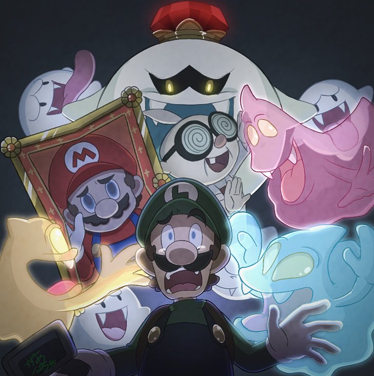3boys artist_request black_background blue_eyes boo_(mario) crown facial_hair fangs ghost glasses hat king_boo luigi luigi&#039;s_mansion mario mario_(series) multiple_boys mustache nintendo open_mouth overalls painting_(object) professor_elvin_gadd smile tears yellow_eyes