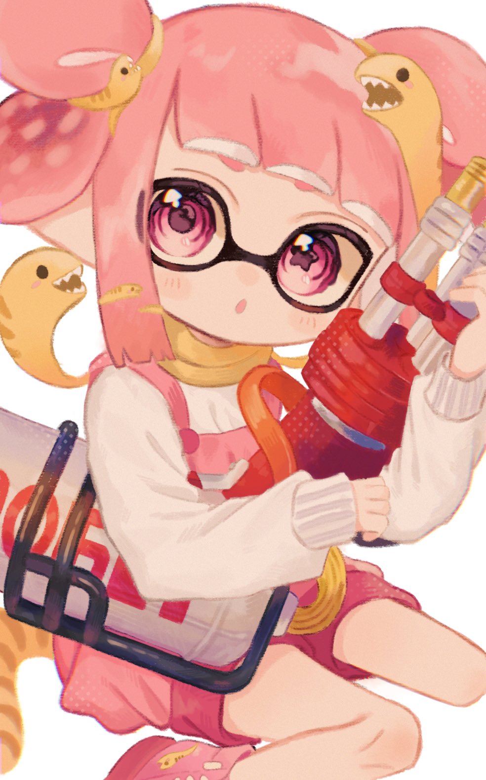 1girl :o apron blunt_bangs blush boots commentary_request double_bun feet_out_of_frame hair_bun hair_ornament highres holding holding_weapon hydra_splatling_(splatoon) inkling inkling_girl inkling_player_character long_sleeves looking_at_viewer mismatched_pupils nintendo ochocho2828 pink_apron pink_boots pink_eyes pink_hair pink_shorts scarf shirt short_hair shorts sidelocks simple_background sitting solo splatoon_(series) star-shaped_pupils star_(symbol) symbol-shaped_pupils tentacle_hair wariza weapon white_background white_shirt yellow_scarf