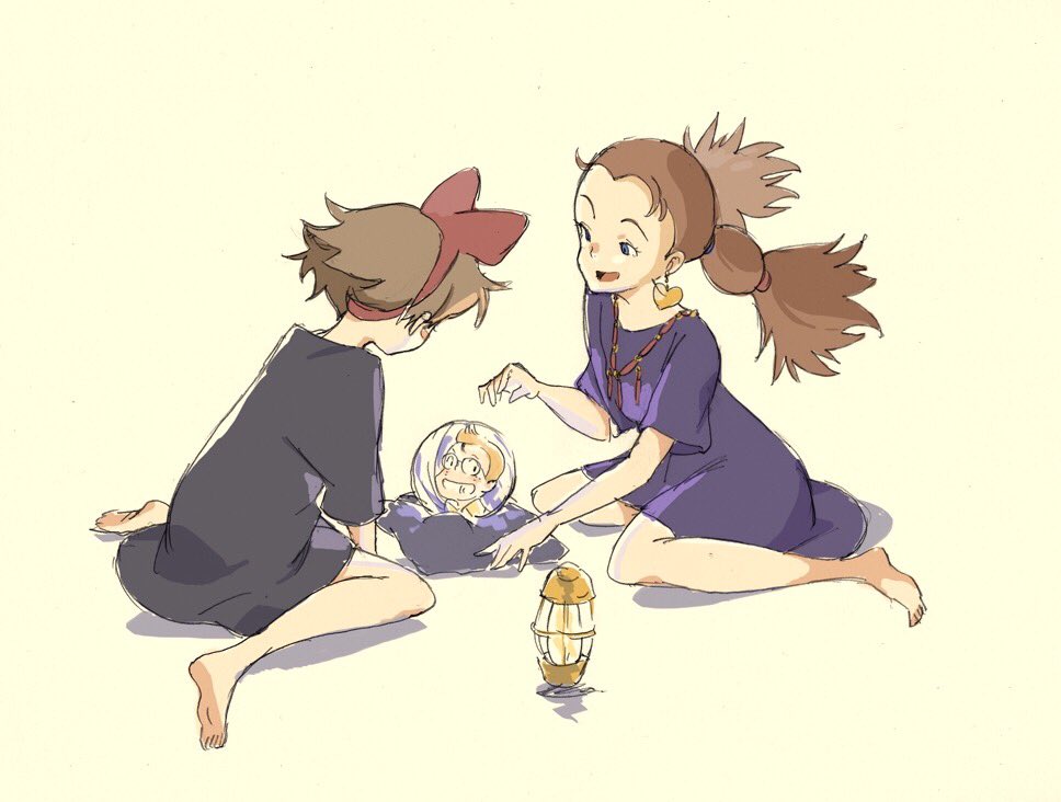 2girls barefoot brown_hair kiki_(majo_no_takkyuubin) majo_no_takkyuubin multiple_girls popman3580 senior_witch_(majo_no_takkyuubin) studio_ghibli tagme tombo_(majo_no_takkyuubin) witch