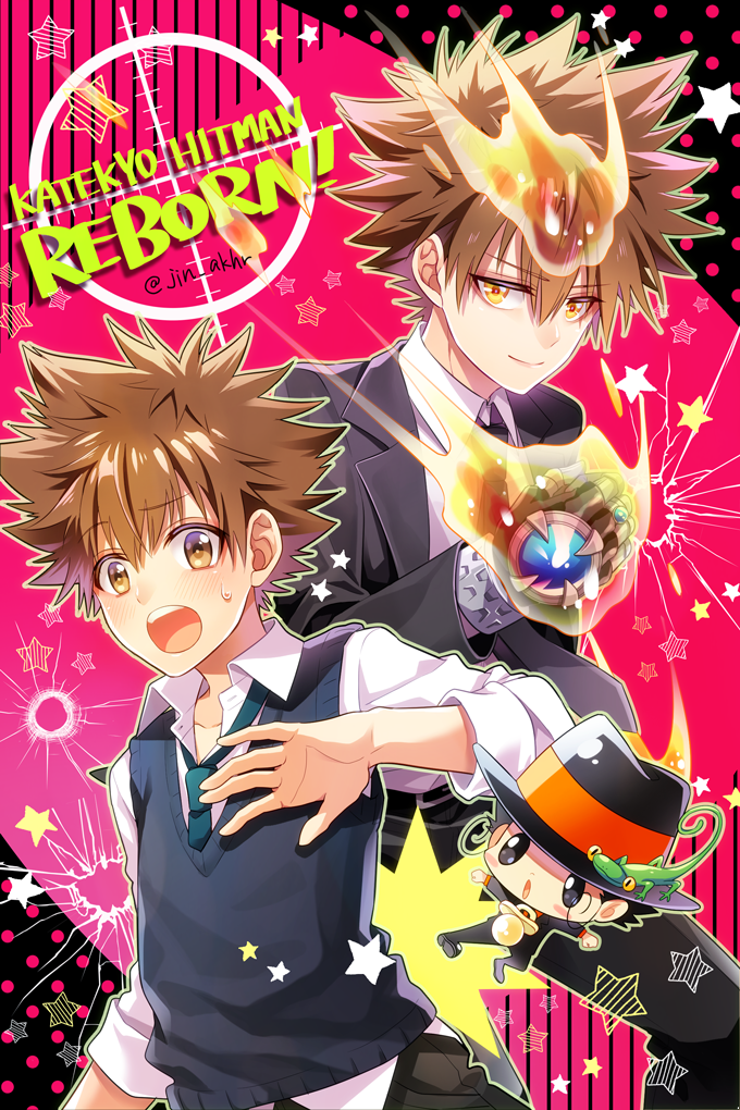 3boys age_progression black_hair brown_eyes brown_hair bullet_hole copyright_name crosshair english_text fire formal_clothes gloves hand_up hat jacket jin_akhr katekyo_hitman_reborn! kicking leon_(reborn) lizard looking_at_viewer loose_necktie male_focus multiple_boys multiple_persona necktie pacifier partially_unbuttoned pink_background polka_dot polka_dot_background reborn sawada_tsunayoshi shirt short_hair sleeves_rolled_up smile spiked_hair star_(symbol) striped_background suit suit_jacket surprised sweatdrop sweater_vest teeth twitter_username untucked_shirt upper_body upper_teeth_only white_shirt wide-eyed wing_collar
