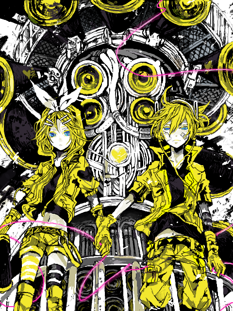 10t 10t_(1010) 1boy 1girl bad_id bad_pixiv_id bandaid blonde_hair blue_eyes brother_and_sister gloves hair_ornament hair_ribbon hairclip headphones jacket kagamine_len kagamine_rin koi_wa_sensou_(vocaloid) megaphone ribbon short_hair shorts siblings thighhighs twins vocaloid
