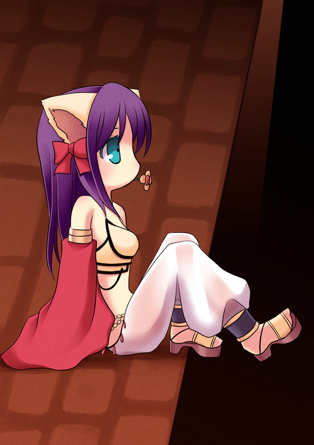 1girl animal_ears bikini blue_eyes bow breasts brick_floor brown_sandals cat_ears cat_girl commentary_request detached_sleeves flower flower_in_mouth full_body gypsy_(ragnarok_online) hair_bow harem_pants in-universe_location long_hair looking_afar medium_breasts nekoparaiso no_mouth orange_flower pants purple_hair ragnarok_online red_bow red_sleeves sandals sitting solo strapless strapless_bikini swimsuit white_pants yellow_bikini