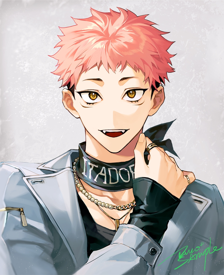 1boy black_shirt brown_eyes chain chain_necklace collar facial_mark hand_up itadori_yuuji jacket jewelry jujutsu_kaisen long_sleeves looking_at_viewer male_focus necklace open_mouth pink_hair ring ru_(famia) sample_watermark shirt short_hair sleeves_past_wrists smile solo teeth undercut upper_body watermark