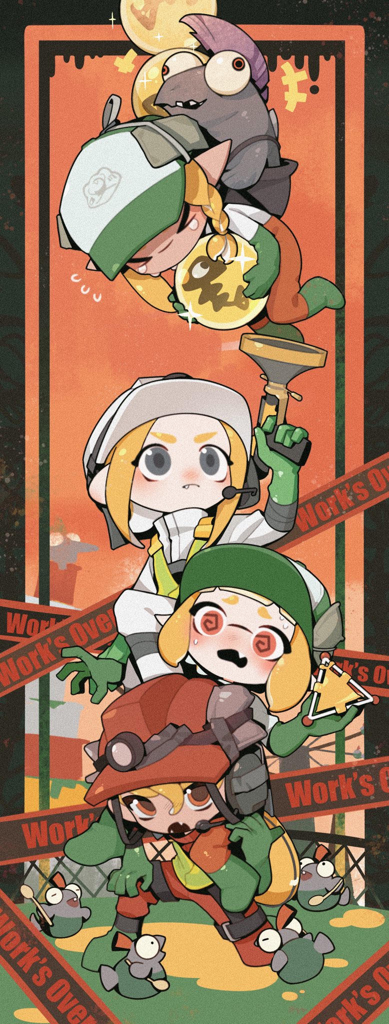 &gt;_&lt; 1boy 3girls @_@ baseball_cap blonde_hair boots closed_mouth fang gloves golden_egg_(splatoon) green_footwear green_gloves grey_eyes gun hat highres holding holding_gun holding_spoon holding_weapon inkling inkling_girl inkling_player_character jumpsuit mining_helmet multiple_girls nintendo octoling octoling_boy octoling_girl octoling_player_character open_mouth orange_eyes orange_sky pointy_ears red_eyes red_headwear rubber_boots rubber_gloves salmon_run_(splatoon) salted_whale sky smallfry_(splatoon) snatcher_(splatoon) sparkle splatoon_(series) splatoon_3 sploosh-o-matic_(splatoon) spoon stinger_(splatoon) tentacle_hair v-shaped_eyebrows weapon
