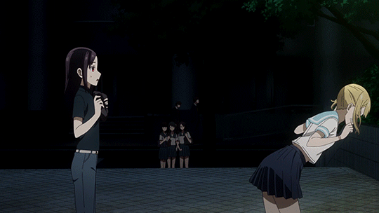 2girls animated animated_gif anime_screenshot belt black_hair black_neckerchief black_shirt blonde_hair blue_eyes blue_pants blue_sailor_collar blue_skirt breasts closed_eyes covering_face denim female_focus frustrated hayasaka_ai jeans kaguya-sama_wa_kokurasetai_~tensai-tachi_no_renai_zunousen~ long_hair midriff miniskirt multiple_girls navel neckerchief open_mouth pants pleated_skirt red_eyes sailor_collar school_uniform serafuku sexually_suggestive shinomiya_kaguya shirt shirt_tucked_in short_sleeves side_ponytail skirt small_breasts smithee_a._haysaca stomach sweatdrop thighs watch white_serafuku