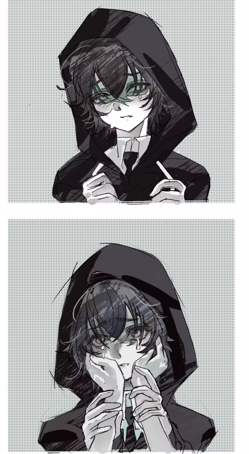1boy 1other black_hair black_hoodie black_necktie closed_mouth collared_shirt crying degrees_of_lewdity freesia_quan green_eyes hands_on_another&#039;s_face highres hood hood_up hoodie kylar_(degrees_of_lewdity) kylar_(male)_(degrees_of_lewdity) long_sleeves looking_at_viewer looking_to_the_side necktie player_character_(degrees_of_lewdity) shirt short_hair tears white_shirt