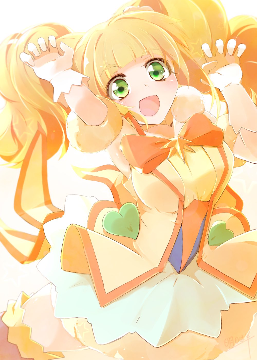 1girl :d ashita_wa_hitsuji blonde_hair choker commentary_request cone_hair_bun cure_sparkle dress earrings eyelashes gloves green_eyes hair_bun hair_ornament happy healin&#039;_good_precure highres hiramitsu_hinata jewelry light_blush looking_at_viewer magical_girl open_mouth orange_dress orange_skirt orange_thighhighs orange_vest paw_pose pom_pom_(clothes) pom_pom_earrings precure short_twintails simple_background skirt smile solo thighhighs thighs twintails vest white_background white_gloves
