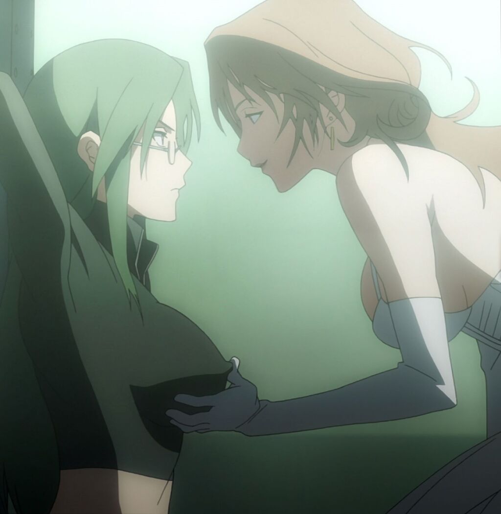 2girls angry anime_screenshot arms_behind_head asougi_rin bodysuit breasts brown_hair cleavage covered_erect_nipples dress glasses grabbing_another&#039;s_breast green_eyes green_hair groping large_breasts leaning_forward long_hair looking_at_another makeup midriff mnemosyne multiple_girls sideboob smile stitched third-party_edit tied yamnobe_sayara yuri