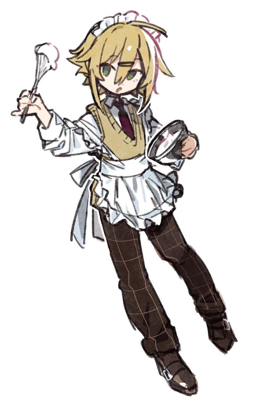1boy ahoge apron blonde_hair brown_pants checkered_clothes checkered_pants collared_shirt cr-r frilled_apron frills full_body green_eyes hair_between_eyes highres holding loafers long_sleeves looking_at_viewer maid_apron maid_headdress male_focus necktie nijisanji open_mouth pants red_necktie shirt shoes short_hair simple_background sketch solo sweater_vest uzuki_kou virtual_youtuber waist_apron white_apron white_background white_shirt