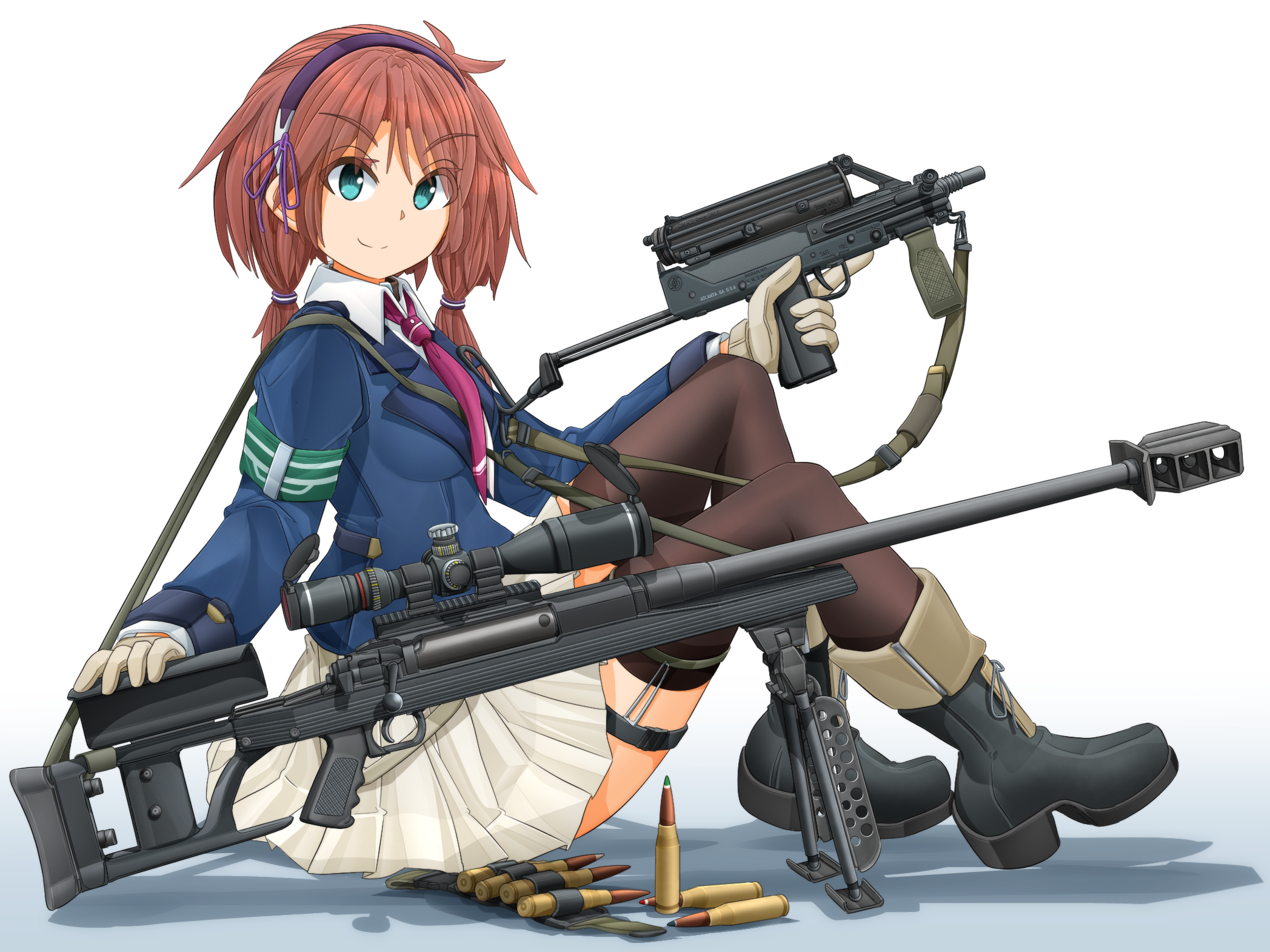 .50_bmg .50_bmg_api-t_m20 .50_bmg_api_m8 .50_bmg_ball_m2 .50_bmg_incendiary_m23 .50_bmg_raufoss_mk_211_heiap 1girl ammunition anti-materiel_cartridge anti-materiel_rifle aqua_eyes ar-50 armalite armband armor-piercing_ammunition black_boots black_thighhighs blouse blue_hairband blue_jacket boots brown_hair bullet calico_light_weapons_systems calico_m950 closed_eyes commentary commentary_request dress_shirt english_commentary frankford_arsenal full_metal_jacket_(ammunition) gloves green_armband gun hair_tie hairband handgun helical_magazine high-explosive_cartridge high-explosive_incendiary_armor-piercing_ammunition highres hmg_cartridge holding holding_gun holding_weapon horizontal_magazine incendiary_ammunition jacket legwear_garter long_sleeves looking_at_viewer low_twintails mac-10/11 machine_pistol magnum_cartridge match_grade match_grade_ammunition match_grade_firearm match_grade_rifle medium_hair mikeran_(mikelan) military_cartridge miniskirt necktie original pistol pleated_skirt purple_necktie rifle rifle_cartridge school_uniform scope shadow shirt sitting skirt smile sniper_rifle solo stock_(firearm) submachine_gun supersonic_ammunition telescoping_stock thigh_strap thighhighs tracer_ammunition trigger_discipline twintails vertical_forward_grip weapon white_background white_gloves white_shirt white_skirt winchester_repeating_arms_company wing_collar