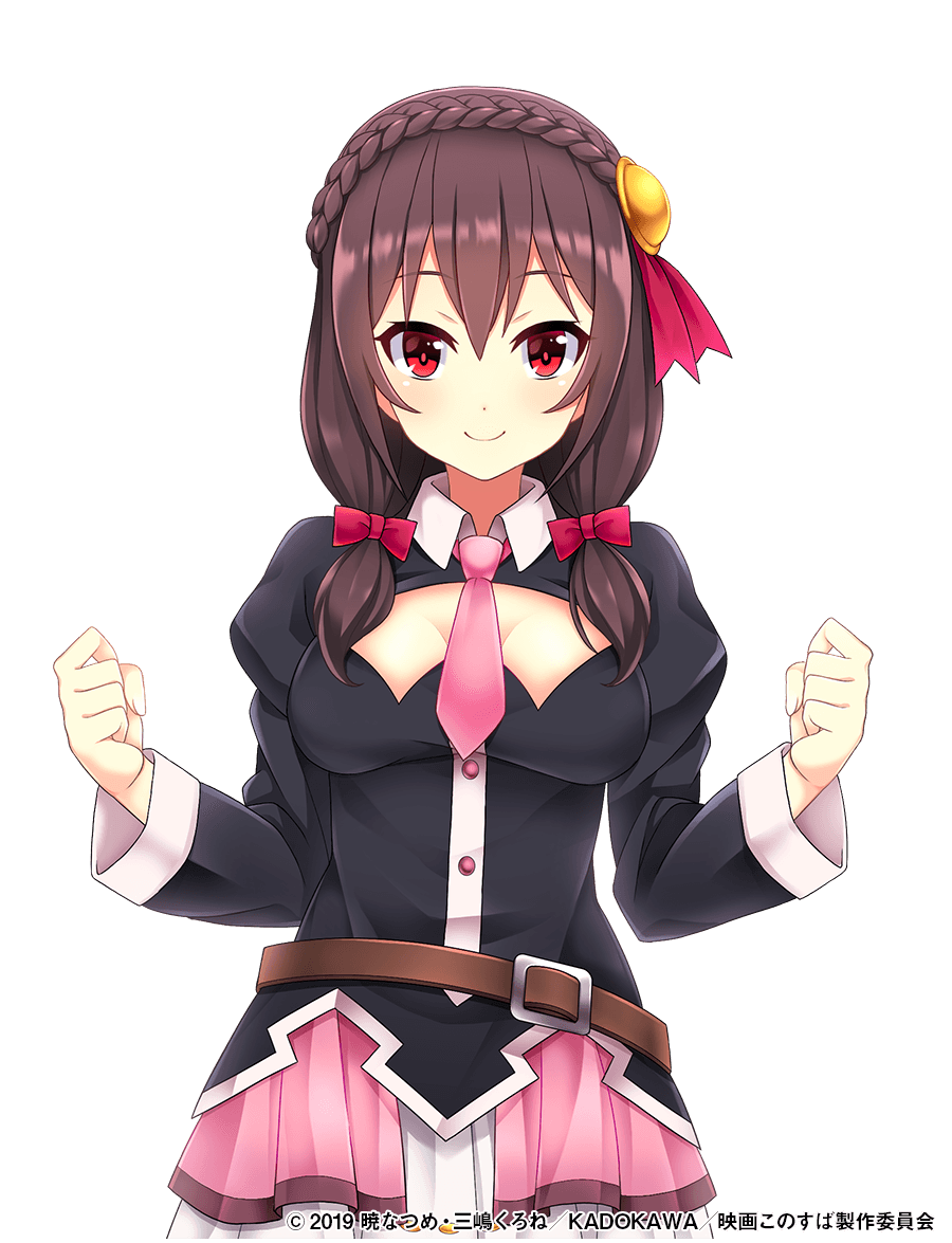 1girl belt braid breasts brown_hair center_opening cleavage cleavage_cutout clenched_hands clothing_cutout crossover crown_braid edamame_senpai female_focus hair_ornament hair_ribbon kono_subarashii_sekai_ni_shukufuku_wo! long_sleeves looking_at_viewer medium_breasts medium_hair necktie official_art pink_necktie red_eyes ribbon simple_background skirt smile solo transparent_background tress_ribbon vivid_army watermark white_background yunyun_(konosuba)