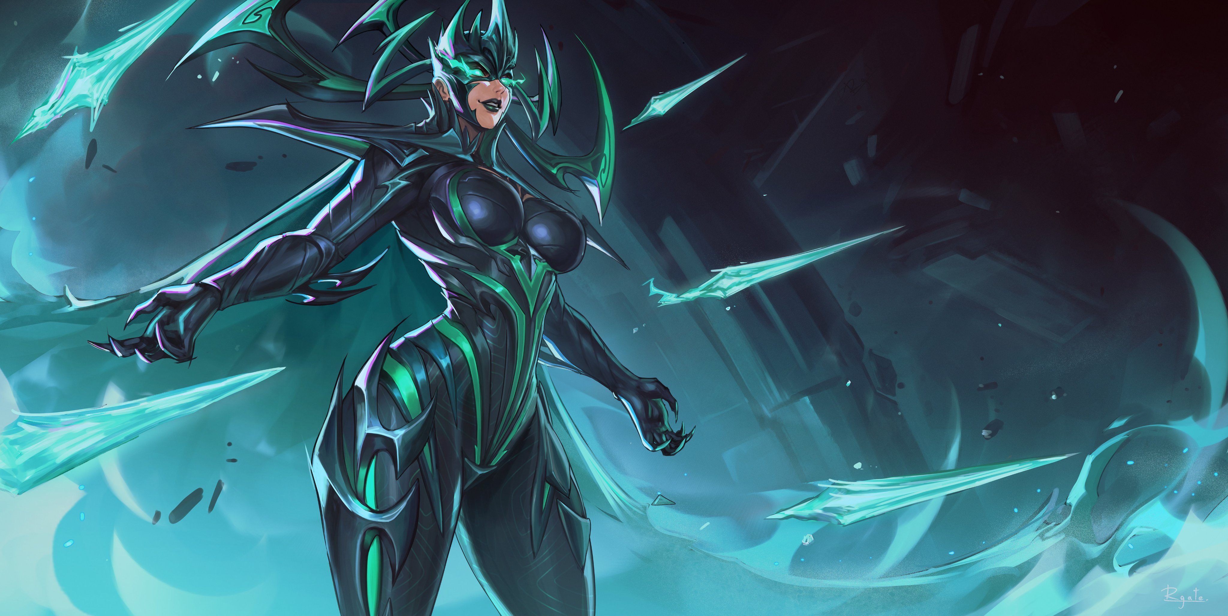 absurdres bodysuit cowboy_shot flaming_eyes floating floating_object floating_weapon glowing glowing_eyes hela_(marvel) helmet highres horns marvel marvel_rivals outstretched_arms rgate spread_arms