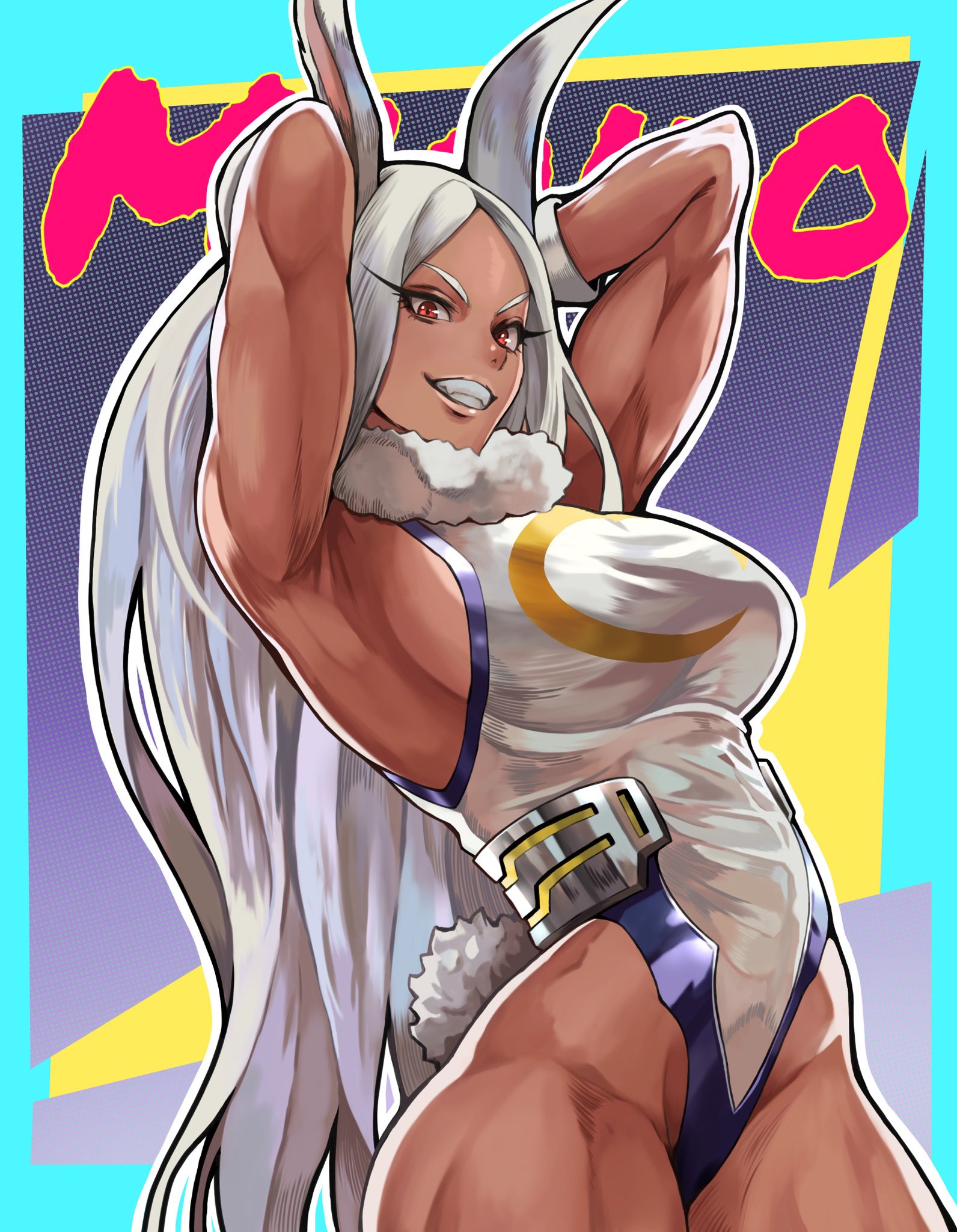 1girl :d animal_ears armpits arms_behind_head arms_up bare_shoulders boku_no_hero_academia breasts character_name commentary_request covered_abs covered_navel crescent_print dark-skinned_female dark_skin fur_collar gloves highleg highleg_leotard highres large_breasts leotard long_eyelashes long_hair looking_at_viewer mirko open_mouth parted_bangs rabbit_ears rabbit_girl rabbit_tail red_eyes sideboob sleeveless_turtleneck_leotard smile solo tail taut_leotard teeth thick_thighs thighs to-ru toned toned_female very_long_hair white_gloves white_hair white_leotard