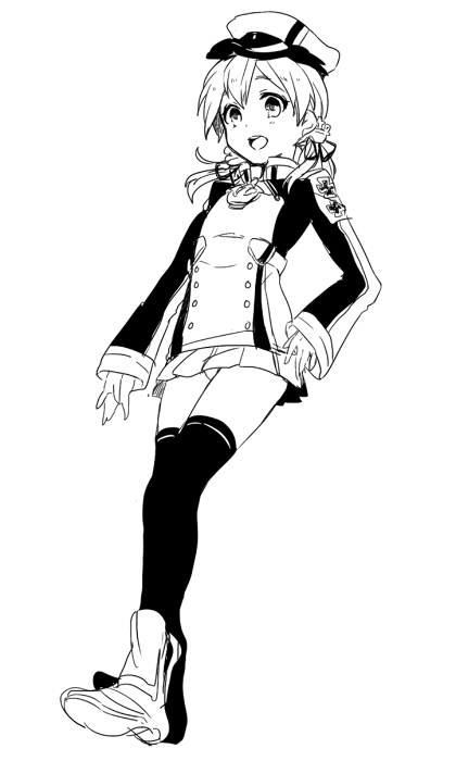 1boy bad_id bad_pixiv_id cosplay crossdressing greyscale hat inazuma_eleven inazuma_eleven_(series) kantai_collection male_focus military military_uniform miyasaka_ryou monochrome open_mouth peaked_cap prinz_eugen_(kancolle) prinz_eugen_(kancolle)_(cosplay) skirt solo thighhighs tomo_(sjim) trap white_background