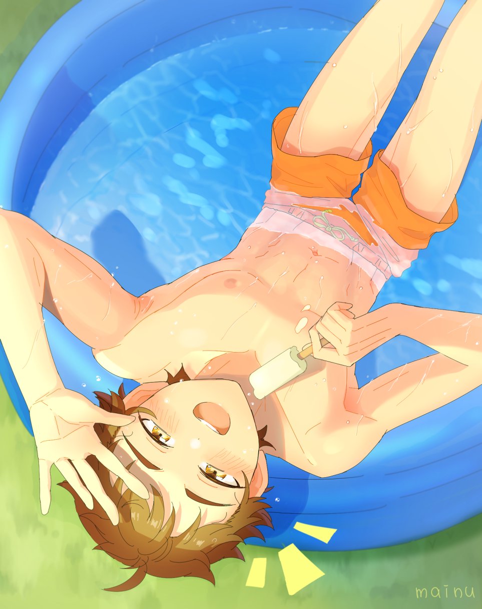 1boy :d abs attakaionaka bare_pectorals blush brown_eyes brown_hair collarbone ensemble_stars! feet_out_of_frame food food_on_body foreshortening from_above grass groin_tendon half-closed_eyes hand_up highres holding holding_food holding_ice_cream ice_cream knees_up looking_at_viewer male_focus male_swimwear navel nipples open_mouth orange_male_swimwear orange_shorts outdoors partially_submerged pectorals short_bangs short_hair shorts shout_lines sitting smile solo summer teeth tenma_mitsuru thick_eyebrows topless_male upper_teeth_only wading_pool waving wet