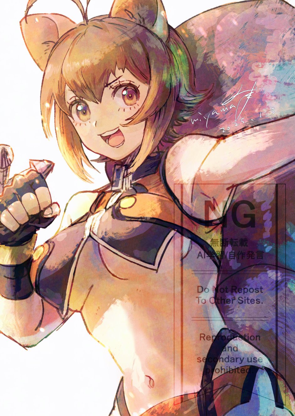 1girl animal_ears antenna_hair blazblue breasts brown_eyes brown_hair crop_top fingerless_gloves gloves highres makoto_nanaya midriff miyama_(lacrima01) multicolored_hair navel revealing_clothes short_hair signature skirt solo squirrel_ears squirrel_girl squirrel_tail tail two-tone_hair underboob watermark