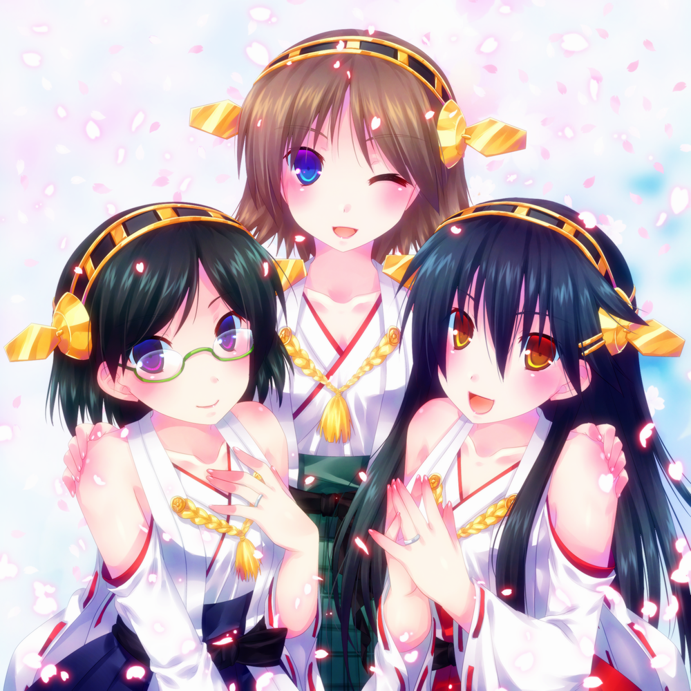 10s 3girls bad_id bad_pixiv_id black_hair blue_eyes brown_hair detached_sleeves door_to_heaven glasses hairband hand_on_another&#039;s_shoulder haruna_(kancolle) hiei_(kancolle) japanese_clothes jewelry kantai_collection kirishima_(kancolle) looking_at_viewer multiple_girls nontraditional_miko one_eye_closed open_mouth orange_eyes own_hands_together petals purple_eyes ring siblings sisters smile wedding_band wedding_ring wide_sleeves