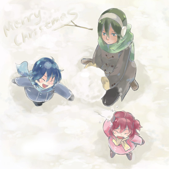 00s child earmuffs gundam gundam_00 jo_(artist) johann_trinity michael_trinity nena_trinity siblings snow snowball aged_down