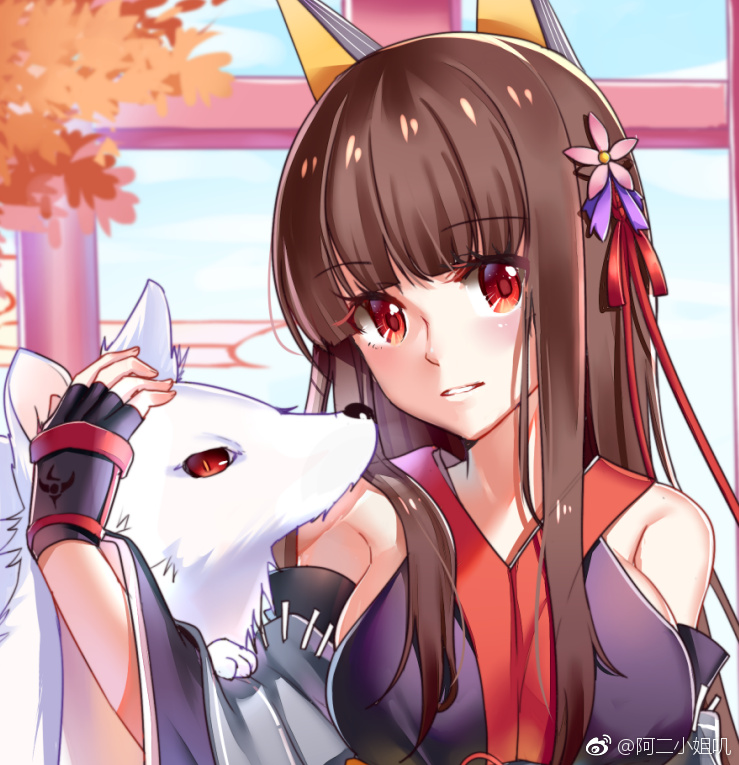 1girl aer_(tengqiu) akagi_(warship_girls_r) animal_ears bare_shoulders breasts brown_hair detached_sleeves dog fingerless_gloves flower fox gloves hair_flower hair_ornament japanese_clothes long_hair looking_at_viewer parted_lips red_eyes smile solo torii warship_girls_r watermark weibo_watermark