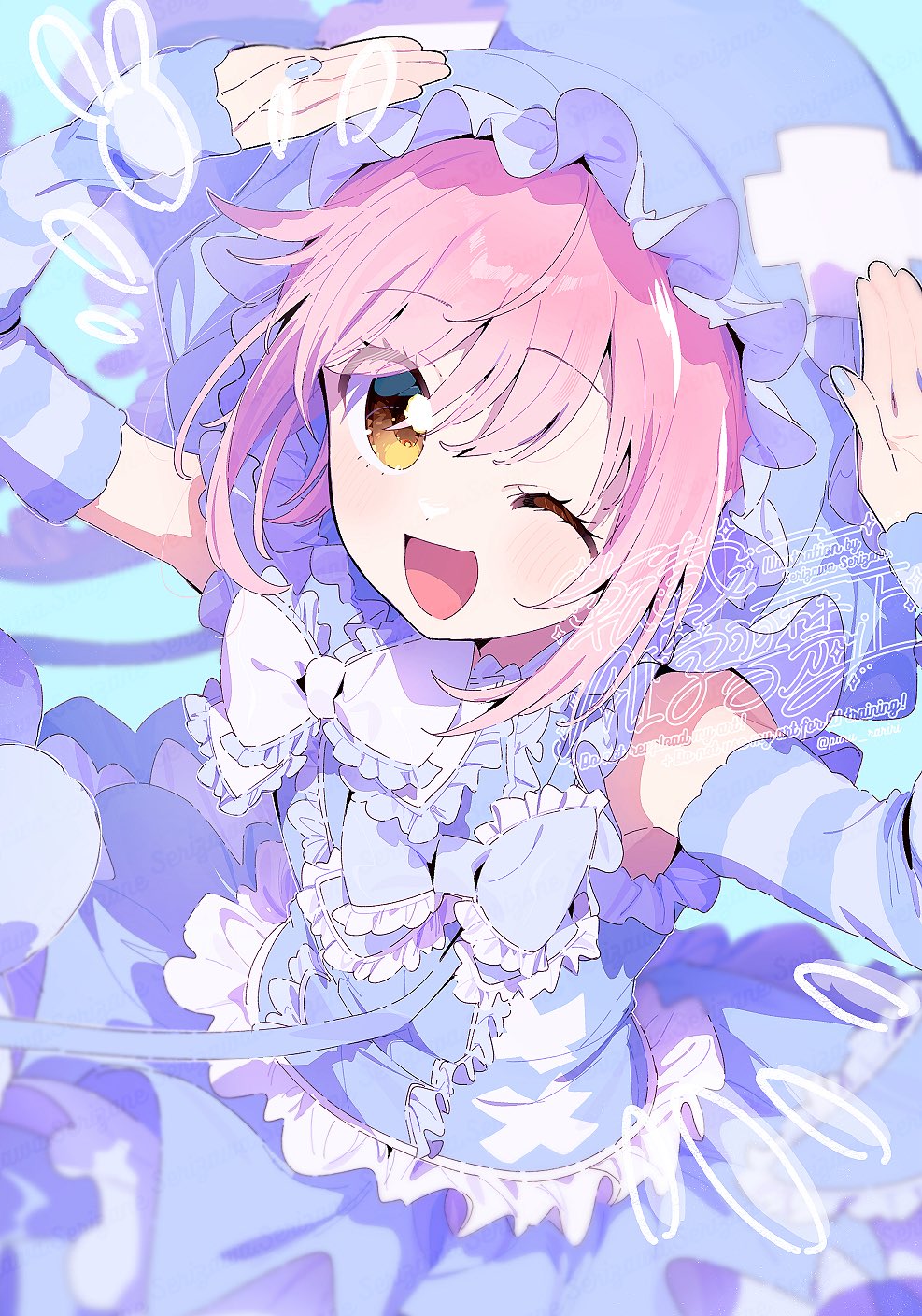 1girl :d arm_warmers arms_up blue_background blue_dress blurry bow collared_dress depth_of_field dress frilled_bow frilled_dress frills hat highres hinamori_amu looking_at_viewer mob_cap nail_polish one_eye_closed open_mouth paru_rari pink_hair short_hair shugo_chara! simple_background sleeveless sleeveless_dress smile solo striped_arm_warmers watermark white_bow yellow_eyes