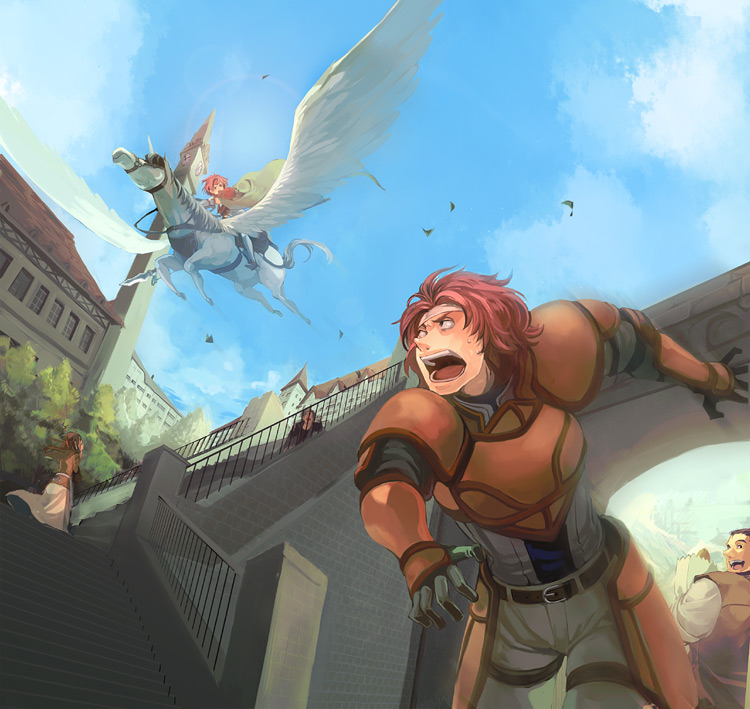 2boys 3girls armor barding cape day everyone fire_emblem fire_emblem:_radiant_dawn gloves hairband hanakago looking_up makalov_(fire_emblem) marcia_(fire_emblem) multiple_boys multiple_girls nintendo pegasus pink_hair running short_hair siblings sky sweatdrop
