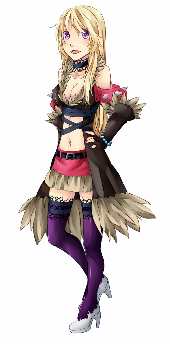 1girl bead_bracelet beads black_choker blonde_hair blush bracelet breasts brown_coat brown_gloves choker cleavage coat commentary_request cross-laced_clothes cross-laced_top fingerless_gloves full_body fur-trimmed_coat fur-trimmed_skirt fur_trim gloves grey_shoes hand_on_own_hip high_heels jewelry lace lace-trimmed_thighhighs lace_trim long_hair looking_at_viewer medium_breasts meiko_(nattu303) navel open_mouth purple_eyes purple_thighhighs ragnarok_online red_skirt shadow_chaser_(ragnarok_online) shoes simple_background skirt smile solo thighhighs white_background