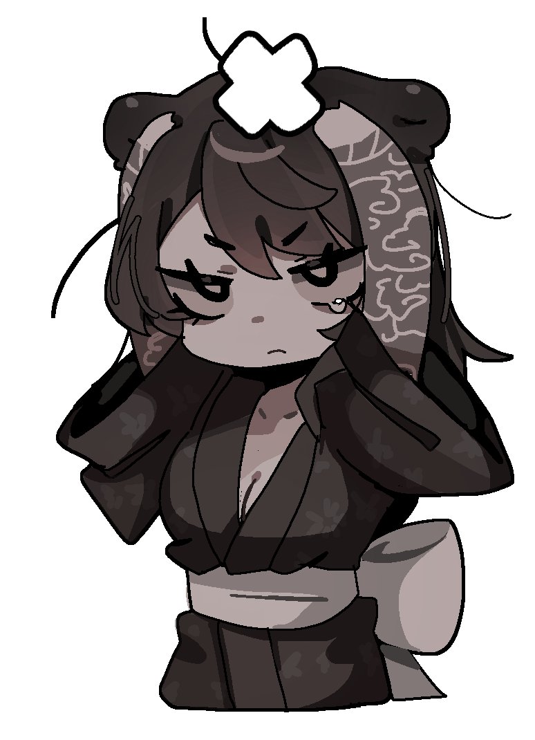 1girl arm_tattoo arms_up black_eyes black_hair black_kimono bow breasts chibi cleavage closed_mouth covering_head crossed_bandaids japanese_clothes kimono library_of_ruina long_hair long_sleeves ny_000a project_moon sash sash_bow sayo_(project_moon) simple_background solo tattoo upper_body white_background white_bow white_sash wide_sleeves