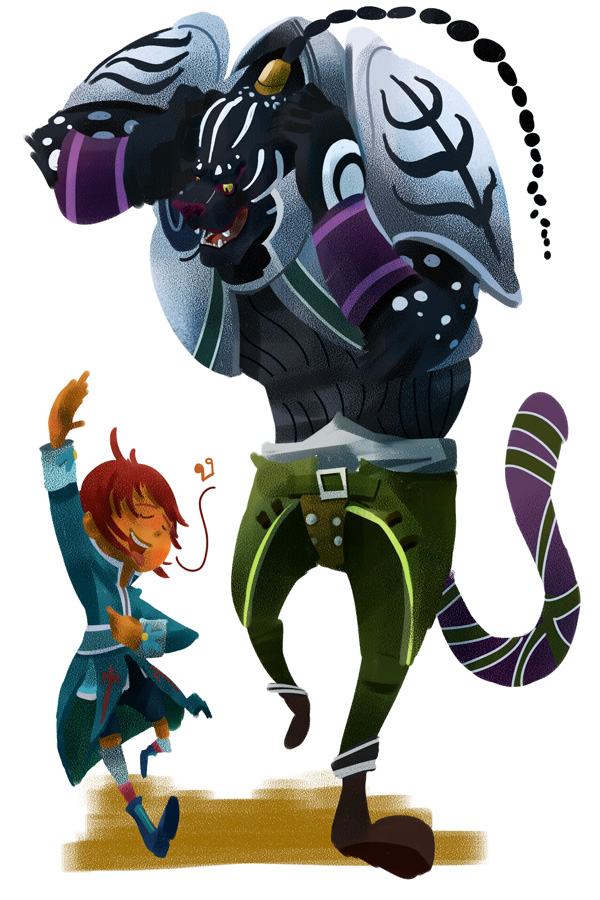 2boys animal_ears aqua_shirt armor black_eyes blue_shorts braid braided_ponytail closed_eyes colored_sclera eugene_gallardo fangs galgard green_pants jaguar_boy jaguar_ears jaguar_tail mao_(tales) multiple_boys music pants red_hair shirt short_hair shorts shoulder_armor singing tail tales_of_(series) tales_of_rebirth yellow_sclera