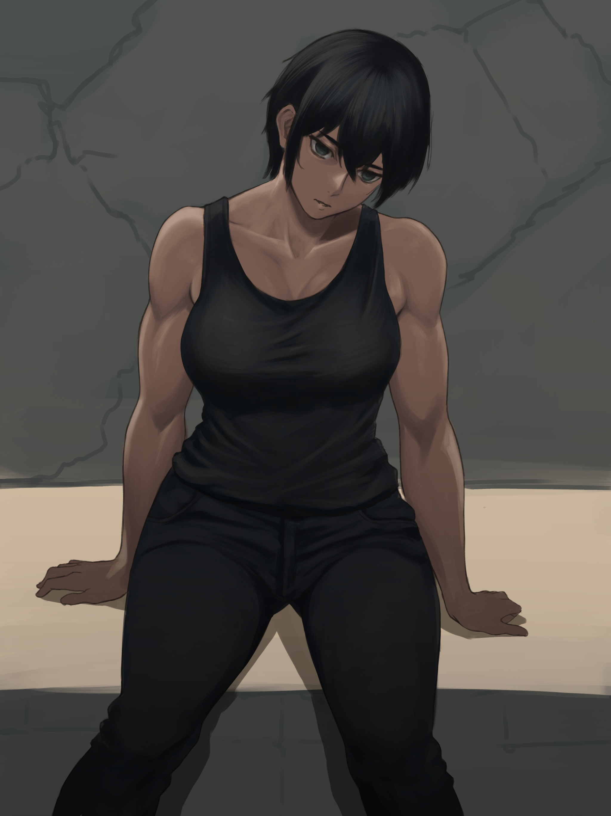1girl absurdres android black_eyes black_hair black_pants breasts commission empty_eyes highres mechabare medium_breasts muscular muscular_female pants pixiv_commission rob_110101101 short_hair sitting t-800 tank_top terminator_(series) terminator_3:_rise_of_the_machines the_terminator unconscious