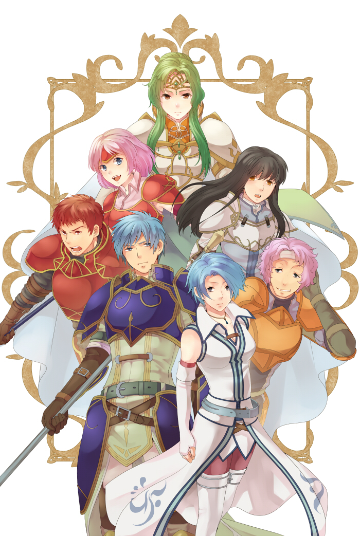 3boys 4girls :d armor astrid_(fire_emblem) bad_id bad_pixiv_id belt black_hair blue_eyes blue_hair boots breasts brown_eyes cape circlet elbow_gloves elbow_pads elincia_ridell_crimea elincia_ridell_crimea_(undaunted_queen) fingerless_gloves fire_emblem fire_emblem:_radiant_dawn geoffrey_(fire_emblem) gloves green_hair hair_over_one_eye hand_on_own_head headband ichikeita kieran_(fire_emblem) long_hair lucia_(fire_emblem) makalov_(fire_emblem) marcia_(fire_emblem) multiple_boys multiple_girls nintendo open_mouth pauldrons pegasus_knight_uniform_(fire_emblem) pink_hair polearm red_eyes red_hair short_hair shoulder_armor smile thigh_boots thighhighs weapon yellow_eyes