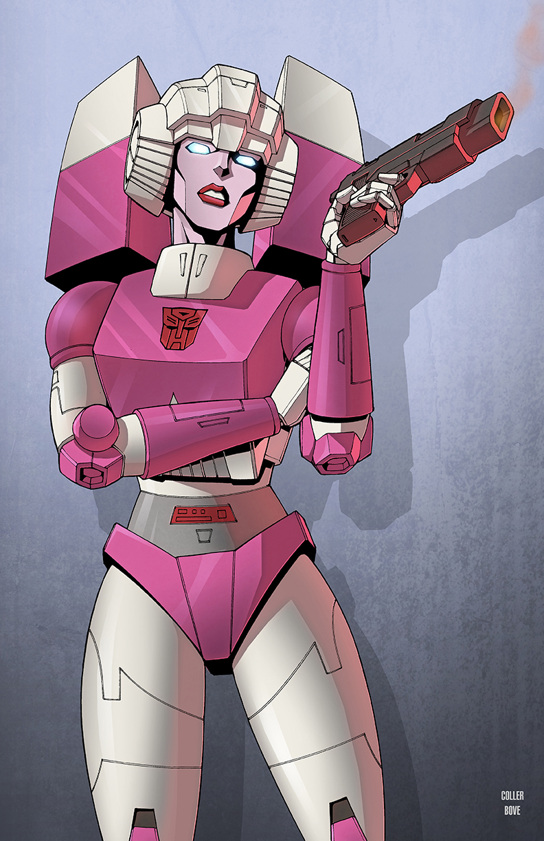 1girl arcee autobot backpack bag blue_eyes breasts casey_w._coller curvy gun handgun highres humanoid_robot lips medium_breasts panties pink_panties red_lips robot solo thighs transformers underwear weapon