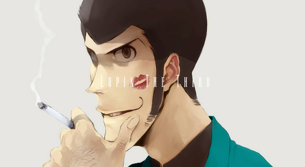 1boy arsene_lupin_iii bad_id bad_pixiv_id cigarette faddawdle green_jacket jacket lipstick_mark lupin_iii male_focus sideburns simple_background solo tms_entertainment