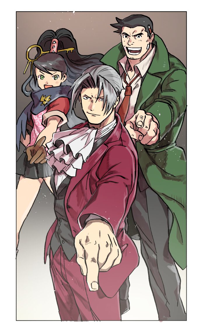 1girl 2boys ace_attorney ace_attorney_investigations ascot bandaid bandaid_on_face black_eyes black_hair black_pants black_vest blush coat collared_shirt dick_gumshoe facial_hair formal_clothes gloves green_coat green_eyes grey_hair hair_intakes hair_ornament high_ponytail jacket karakusa_(pattern) kay_faraday key long_hair long_sleeves miles_edgeworth miniskirt multiple_boys necktie nitako open_mouth orange_necktie pants pencil pleated_skirt pointing pointing_at_viewer ponytail red_jacket red_pants red_suit scarf shirt short_hair skirt smile standing stubble suit vest white_shirt