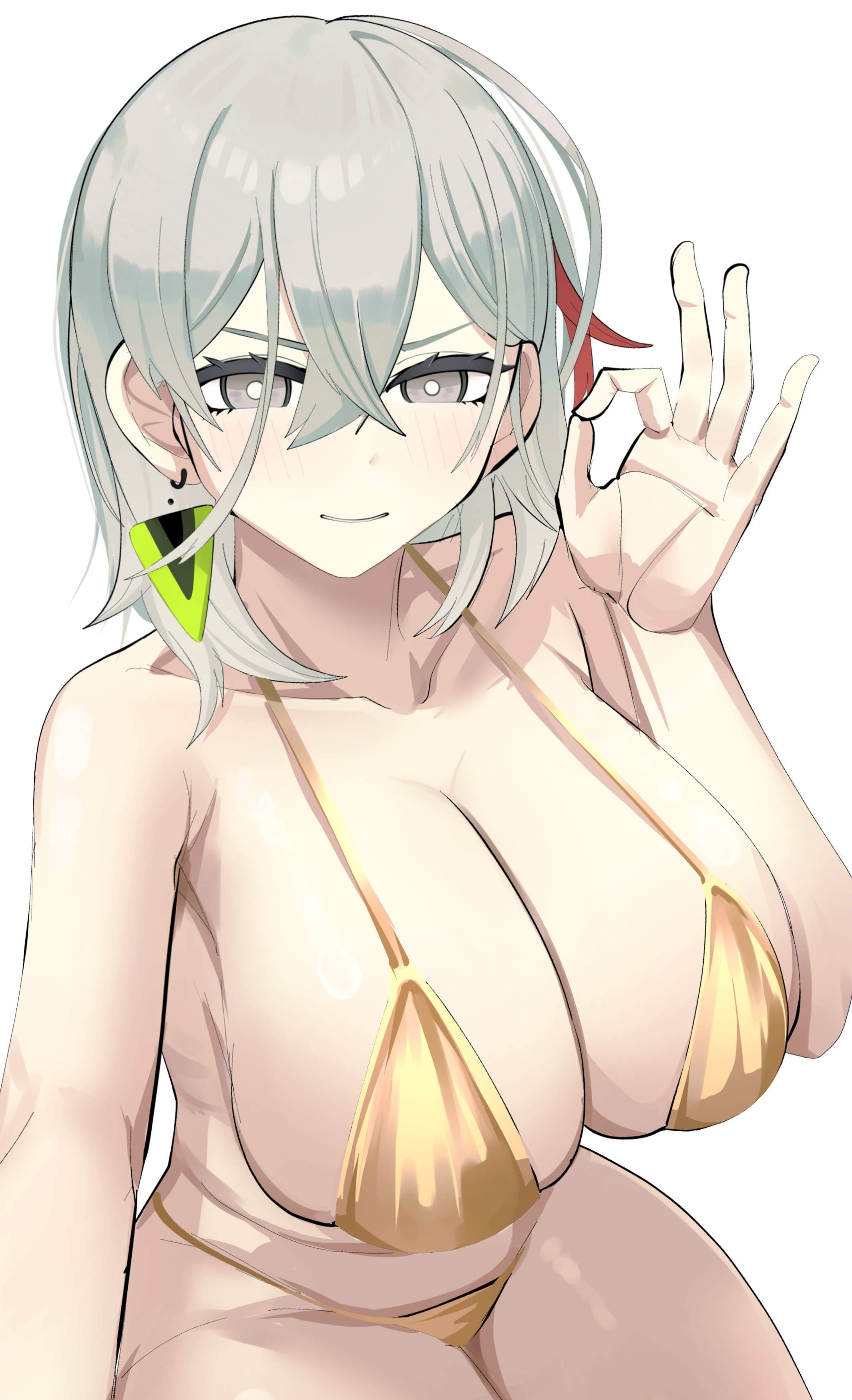 1girl absurdres bikini blush breasts cleavage cotan_(actancyaga) cowboy_shot diabellstar_the_black_witch duel_monster earrings gold_bikini golden_week golden_week_bikini grey_eyes grey_hair highres jewelry large_breasts medium_hair missing_commentary multicolored_hair ok_sign red_hair simple_background single_earring sitting solo streaked_hair swimsuit two-tone_hair white_background yu-gi-oh!