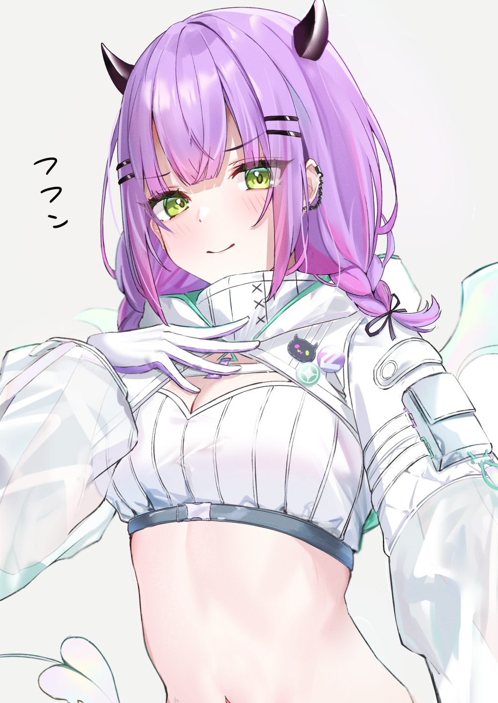1girl badge bandeau blush braid breasts buckle button_badge colored_inner_hair demon_girl demon_horns demon_tail ear_piercing gloves goggles goggles_on_head green_eyes hair_ornament hairclip hat highres hiragi_1014 hololive hooded_shrug horns long_hair long_sleeves looking_at_viewer low_twin_braids multicolored_hair navel open_mouth piercing pink_hair purple_hair ribbed_bandeau see-through_clothes see-through_sleeves shorts shrug_(clothing) simple_background smile snap-fit_buckle snow_goggles solo strapless streaked_hair tail tokoyami_towa tokoyami_towa_(cyberpunk) tube_top twin_braids two-sided_gloves virtual_youtuber white_background white_bandeau white_gloves white_shorts white_shrug white_tail white_tube_top wings
