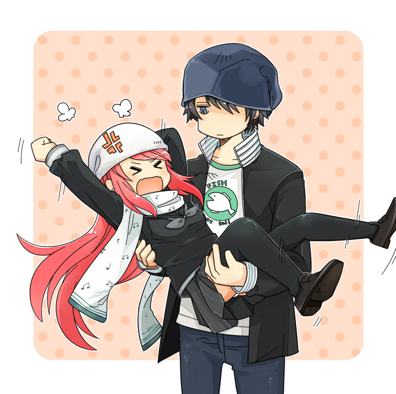 10s 1boy 1girl anger_vein ban_airi black_hair carrying couple devil_survivor_(series) devil_survivor_2 grey_eyes hood hoodie jacket long_hair musical_note panties pantyshot pekosuke polka_dot polka_dot_background princess_carry red_hair scarf school_uniform short_hair skirt thighhighs torii_jungo underwear upskirt