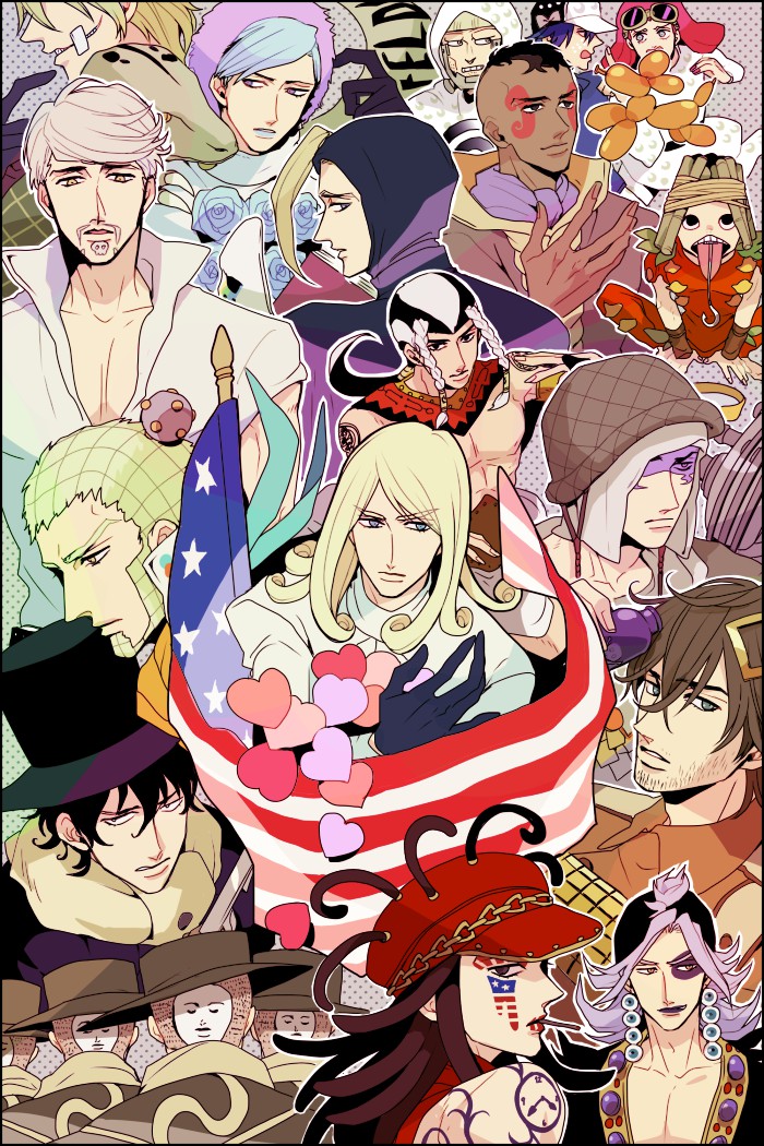 6+boys american_flag andre_boomboom axl_ro benjamin_boomboom blackmore diego_brando disco_(sbr) doctor_ferdinand eleven_men_(sbr) flag funny_valentine heart jojo_no_kimyou_na_bouken l._a._boomboom l_a_boomboom magenta_magenta male_focus mike_o mike_o. mizota_(rovel) mrs._robinson mrs_robinson multiple_boys pork_pie_hat_kid ringo_roadagain sandman_(sbr) stand_(jojo) steel_ball_run tubular_bells_(stand) wekapipo