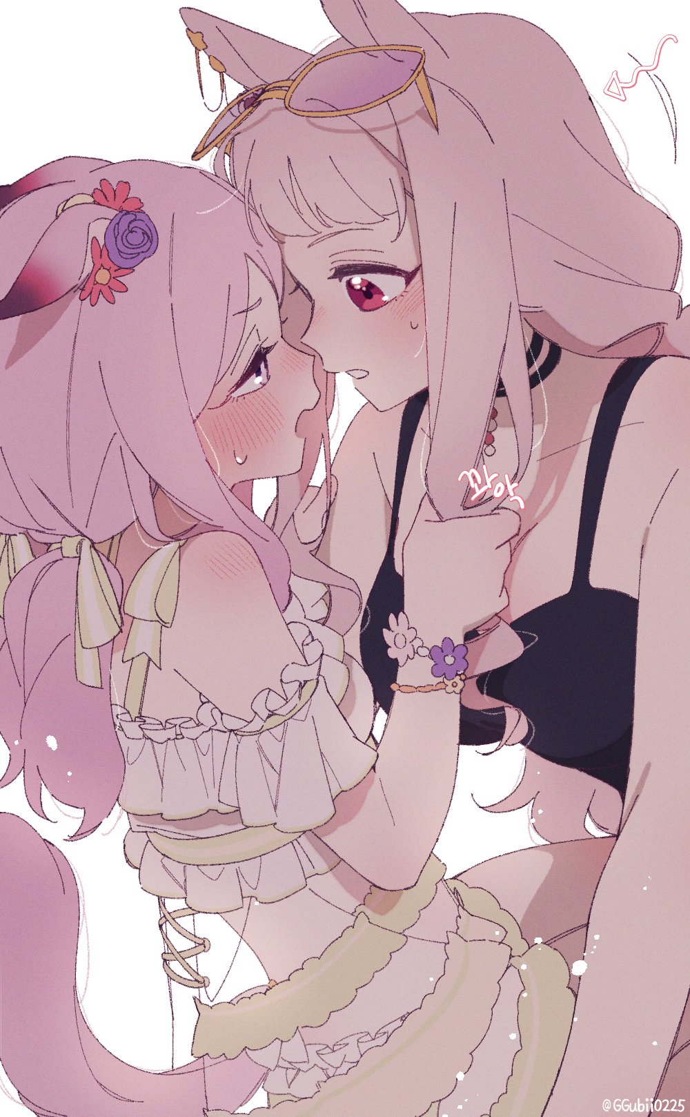 2girls animal_ears arm_garter arrow_(symbol) black_one-piece_swimsuit breasts choker commentary_request dress eye_contact eyewear_on_head face-to-face ggubii0225 gold_ship_(run_revolt_launcher)_(umamusume) gold_ship_(umamusume) grabbing_another&#039;s_hair grey_hair highres horse_ears horse_girl horse_tail korean_commentary long_hair looking_at_another medium_breasts mejiro_mcqueen_(ripple_fairlady)_(umamusume) mejiro_mcqueen_(umamusume) motion_lines multiple_girls one-piece_swimsuit open_mouth purple_eyes purple_hair red_eyes sleeveless sleeveless_dress small_breasts sunglasses sweatdrop swimsuit tail twitter_username umamusume watermark white_background white_dress yuri