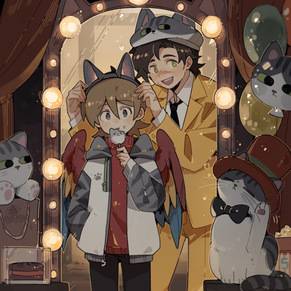 2boys adapted_costume animal animal-themed_food animal_ears animal_hat balloon bird_boy bird_wings bow bowtie cat cat_ears cat_hat clothed_animal commentary cosplay eating english_commentary fake_animal_ears food formal_clothes goodtimeswithscar goodtimeswithscar_(cosplay) goodtimeswithscar_(scarland) goodtimeswithscar_(tycoon) green_eyes grian_(youtuber) hat hermitcraft indoors jacket jellie_(hermitcraft) jellie_(hermitcraft)_(cosplay) luminous_slime male_focus minecraft_youtube mirror multiple_boys necktie open_clothes open_jacket open_mouth paw_print pet popsicle red_sweater scar scarland shop short_hair smile stuffed_animal stuffed_cat stuffed_toy suit sweater top_hat turtleneck turtleneck_sweater wings