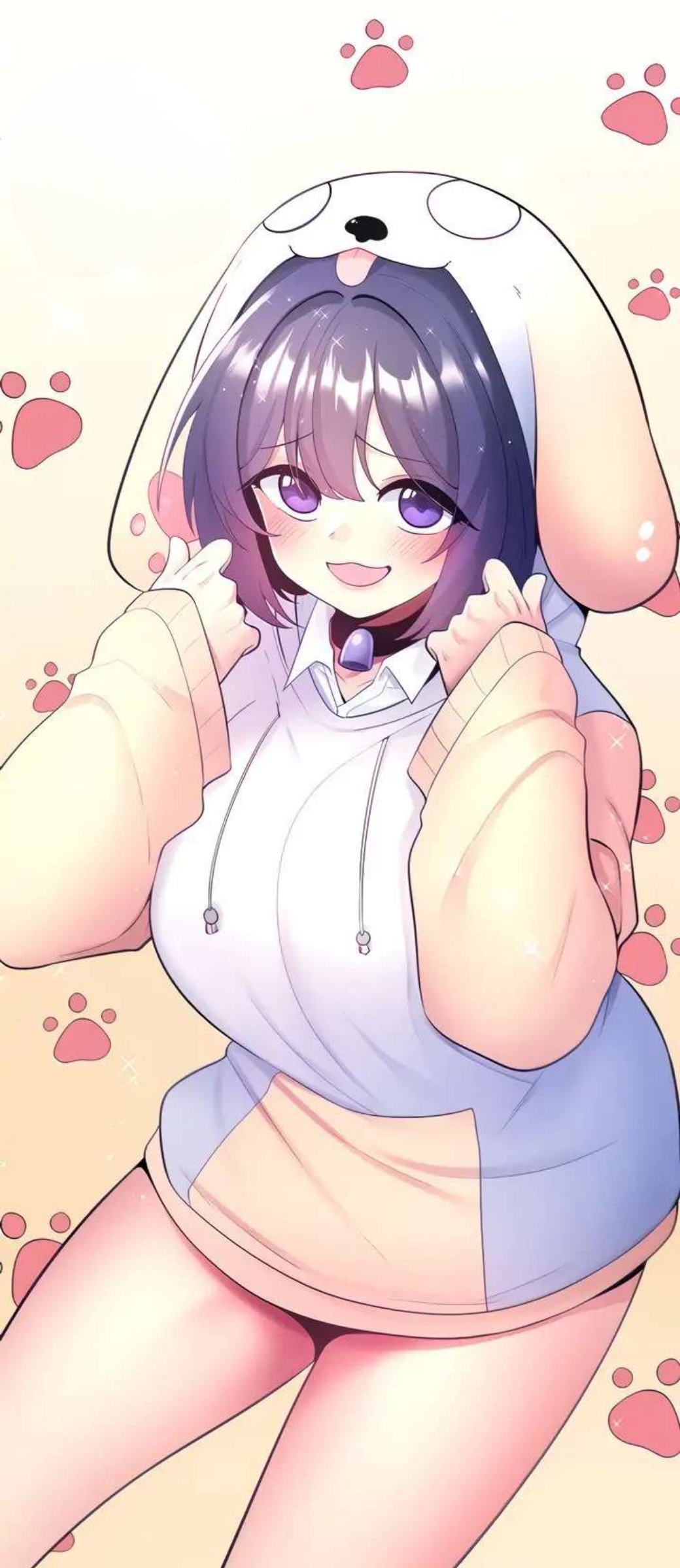 1girl absurdres blush choker female_focus fingerprint fucked_the_world_tree gu-seul hands_up happy highres long_hair long_sleeves looking_at_viewer open_mouth pajamas purple_eyes purple_hair shirt smile solo sweater white_shirt white_sweater