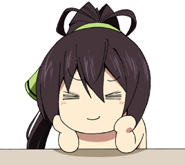 &gt;_&lt; 1girl bad_source black_hair chibi closed_eyes closed_mouth commentary_request green_ribbon hair_between_eyes hair_ribbon hands_on_own_cheeks hands_on_own_face hands_up high_ponytail infinite_stratos long_hair lowres maso_(ascii_art) moppy_(infinite_stratos) no_nose nude ponytail ribbon shinonono_houki simple_background smile solo v-shaped_eyebrows white_background