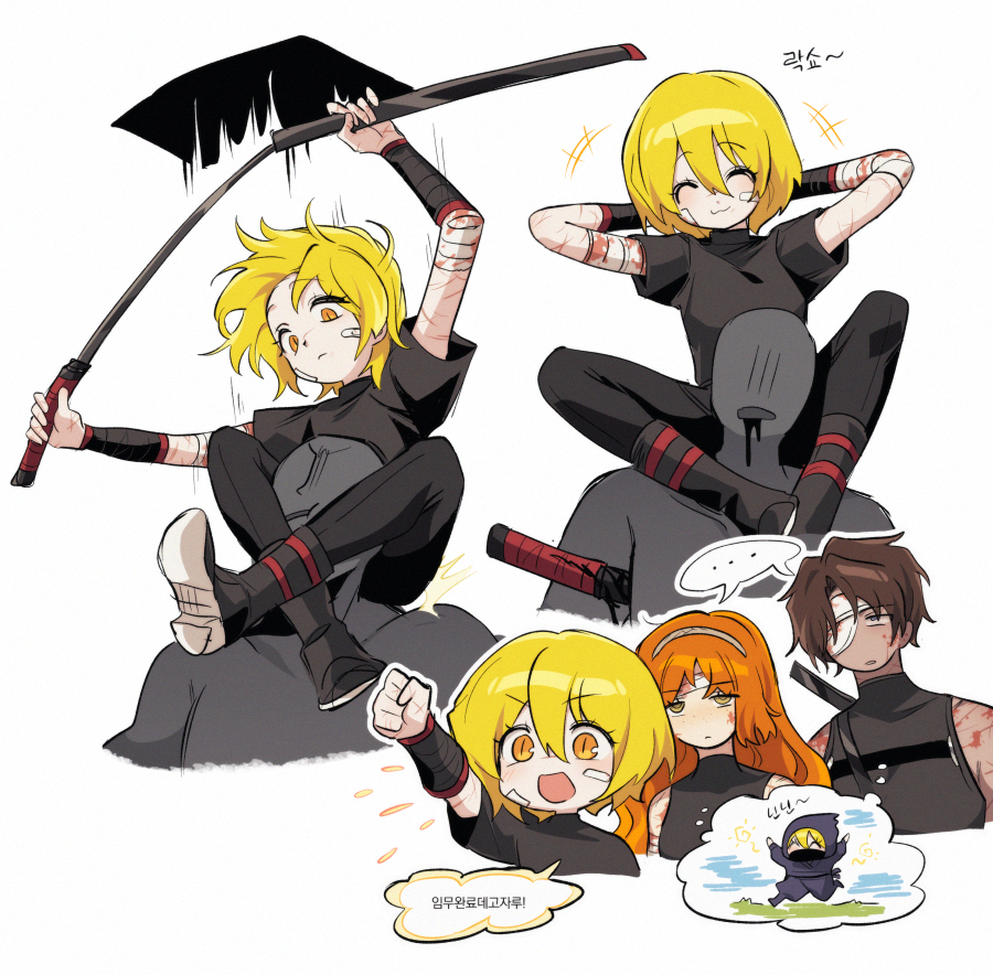 ... 1boy 2girls assassination bandage_over_one_eye bandages bandaid bandaid_on_face bbunny black_blood black_footwear black_pants black_shirt blonde_hair blood bloody_bandages boots brown_eyes brown_hair crossed_legs don_quixote_(project_moon) green_eyes hairband heathcliff_(project_moon) ishmael_(project_moon) katana limbus_company long_hair multiple_girls orange_hair pants project_moon sheath shi_association_south_uniform shirt short_hair short_sleeves simple_background slit_pupils spoken_ellipsis sword unsheathing very_long_hair weapon white_background yellow_eyes